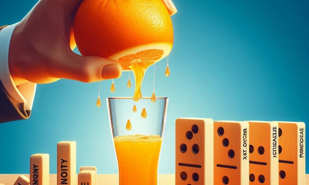 1. The Orange and the Juice_A government hand squeezes an orange (ECONOMY). With a light squeeze,  (1)