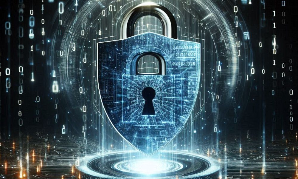 A conceptual illustration of a glowing digital shield protecting a data padlock from a shower of cra