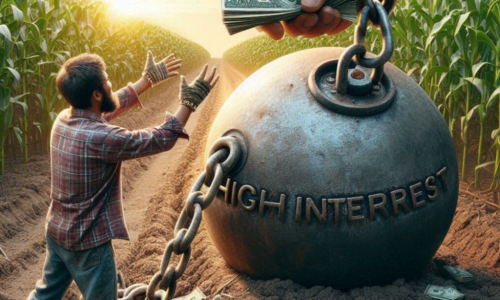 A farmer, in the middle of a fertile field, receives with one hand a handful of money, while the oth