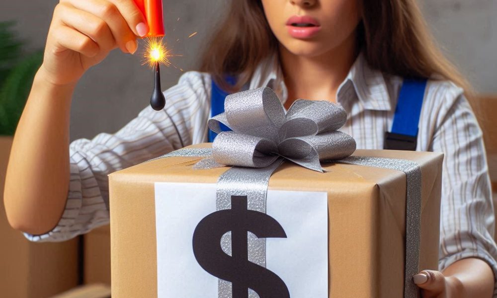A worker unwrapping a present with a dollar sign (R$) printed on it, but from inside the bow comes t