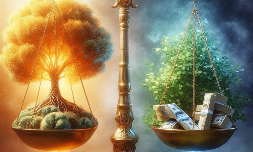 Balança equilibrando uma árvore dourada crescendo versus dinheiro de papel derretendo