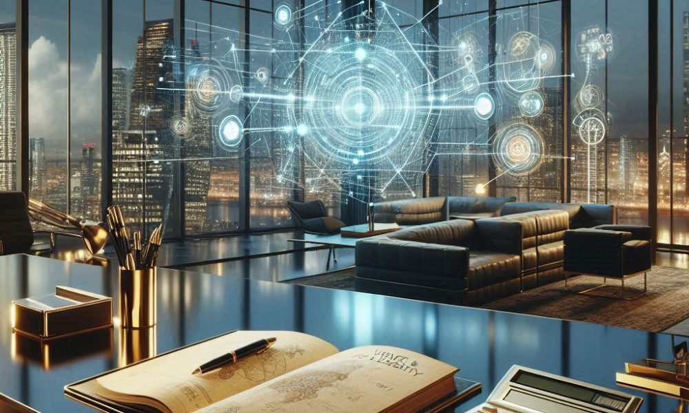 Cinematic wide shot of a modern, high-tech financial analyst's office with 3D holographic charts sho