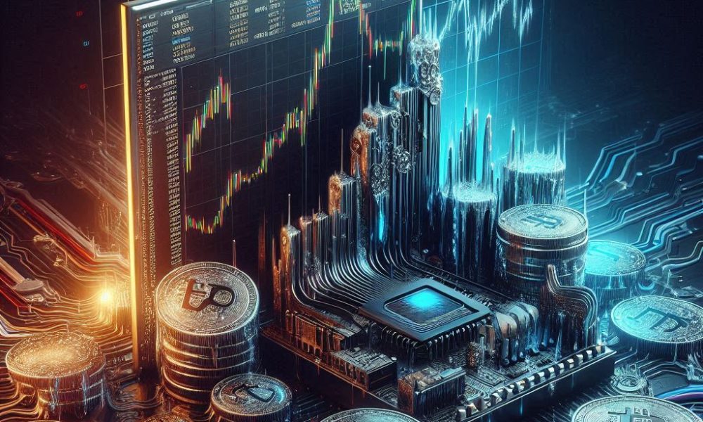 Futuristic computer hardware, melting coins, professional financial chart, cinematic lighting