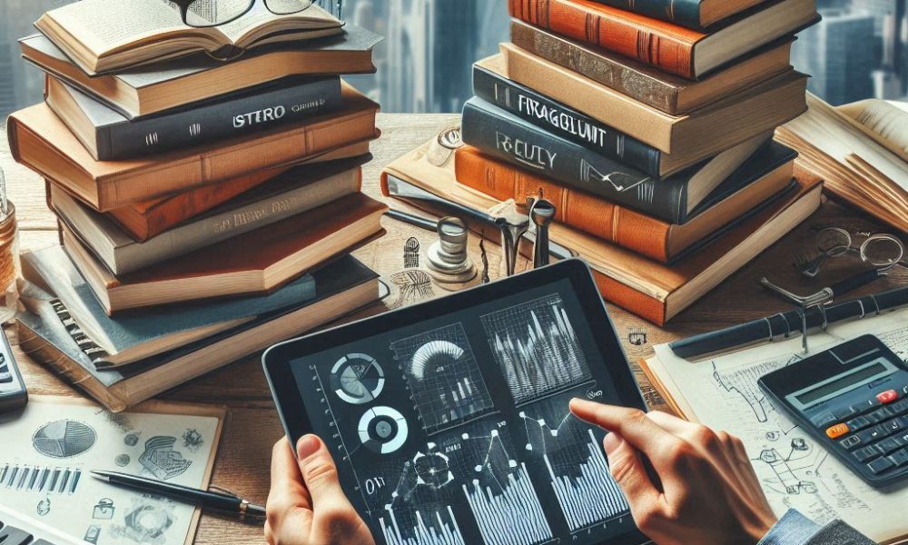 Imagem 1 (Foco no IntelectualEstratégico)__Pilha de livros de finanças e estratégia sobre mesa de