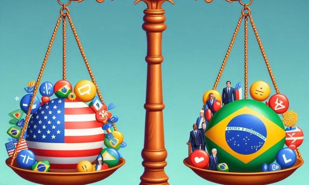 a scale on one side the ministers of Brazil, on the other the US president, weighing more on the US
