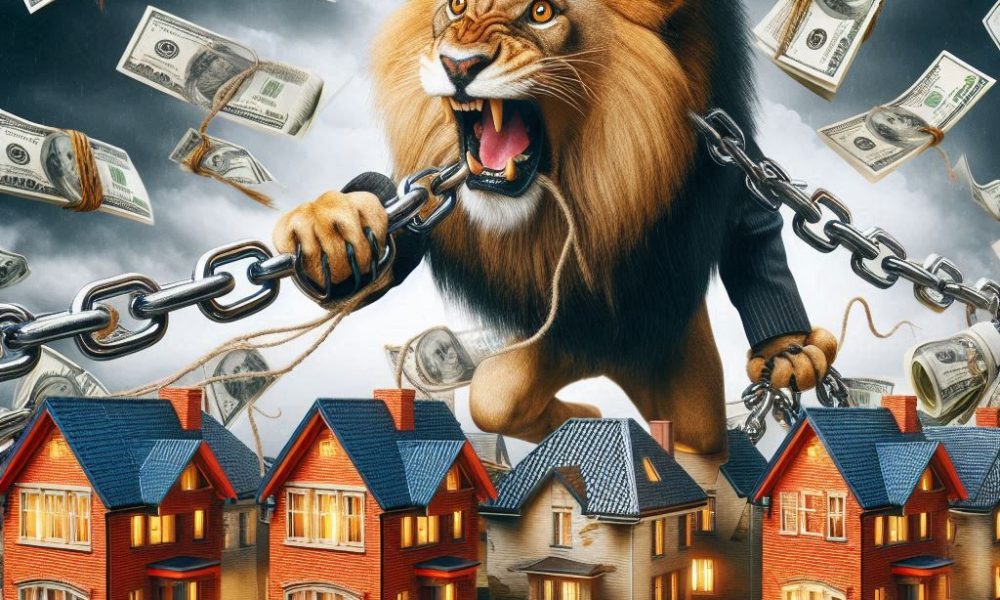 um leao amendrontado puxando varias casas atraves de correntes e saindo dinheiro delas (3)